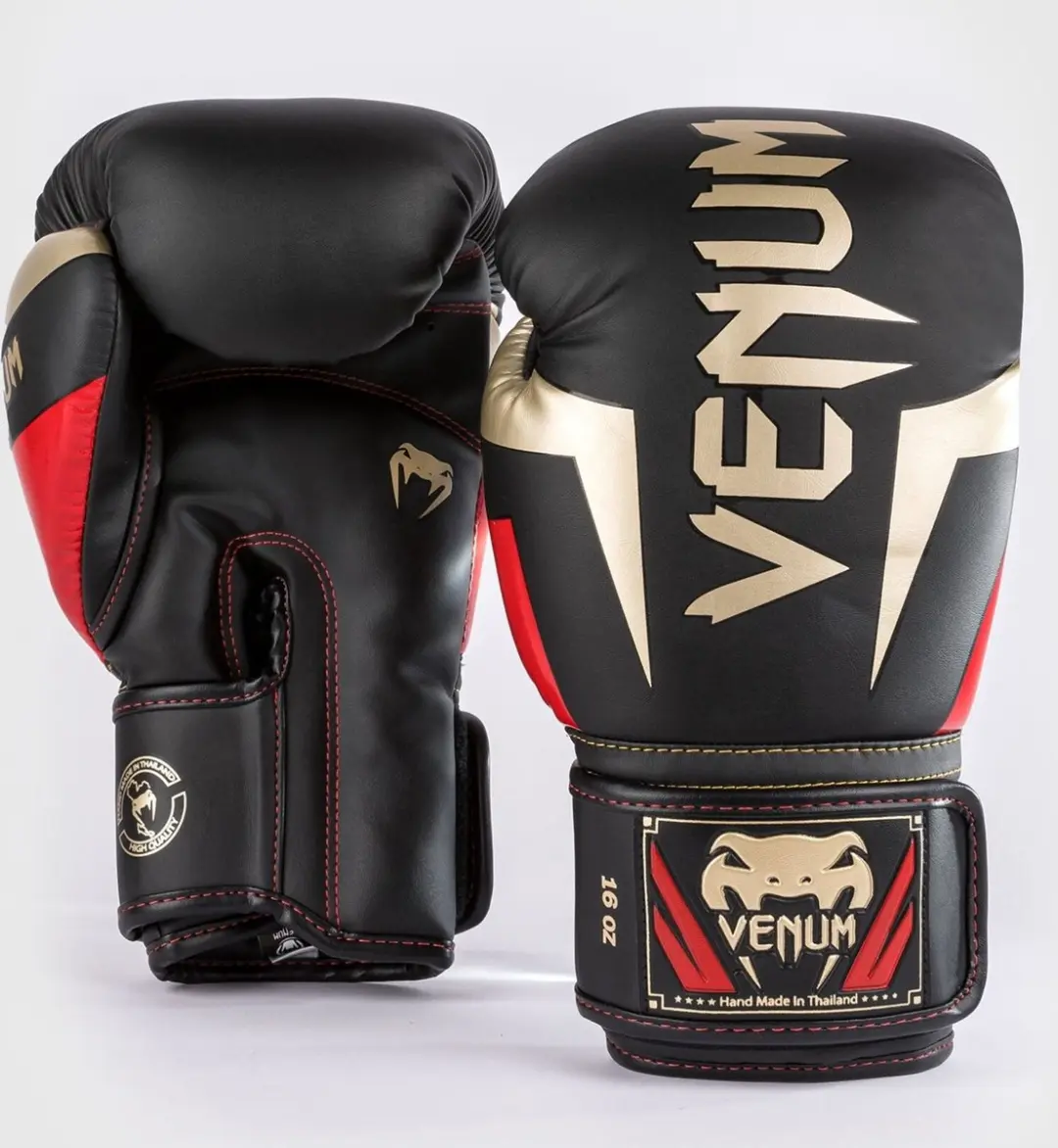 Venum Elite Kick Bokshandschoenen 10 oz - Zwart/Goud/Rood