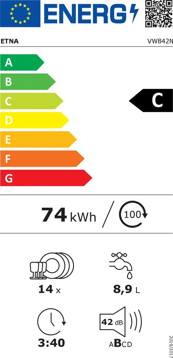 Etna VW842N Inbouw Vaatwasser 60cm - 14 Couverts - Zilvergrijs