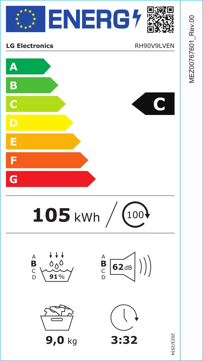 LG RH90V9ZVEN Warmtepompdroger 9kg - Wit