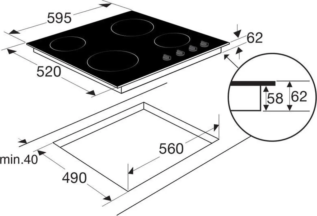 Etna KC160ZT Keramische Inbouwkookplaat - 4 Zones - Zwart