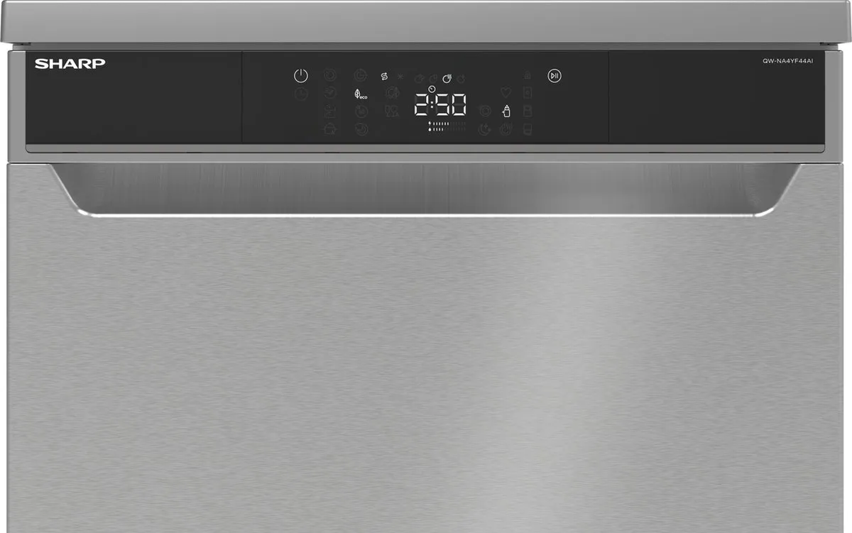 Sharp QWNA4YF44AIEU - vrijstaande vaatwasser - energie label A - 9 liter waterverbruik - 10 jaar motorgarantie - RVS deur