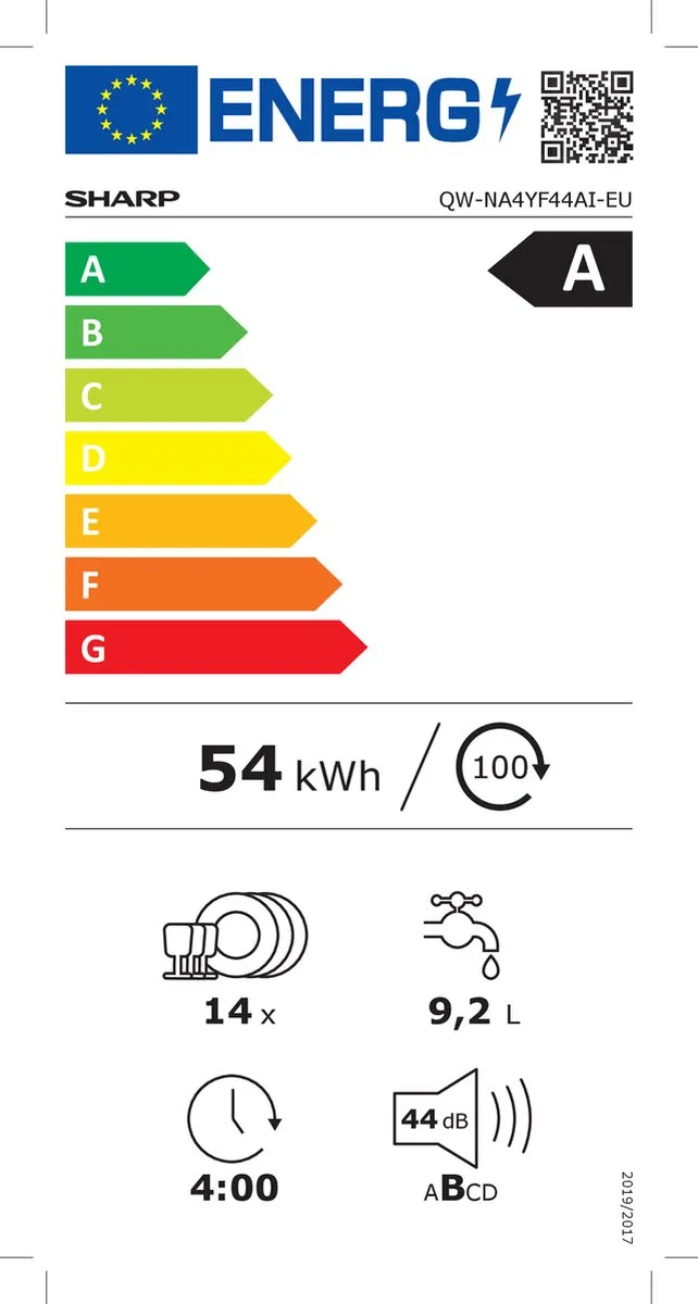 Sharp QWNA4YF44AIEU - vrijstaande vaatwasser - energie label A - 9 liter waterverbruik - 10 jaar motorgarantie - RVS deur