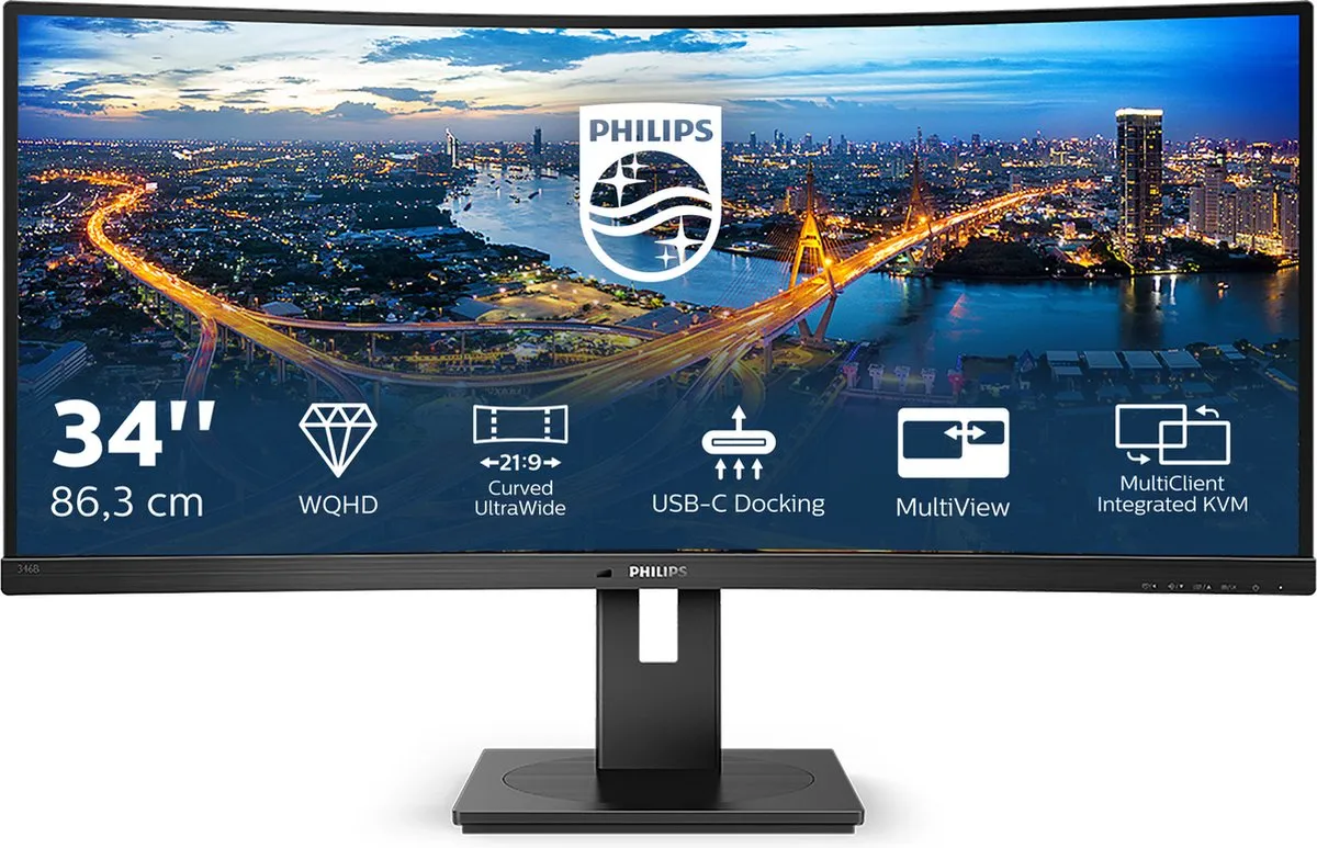 Philips 346B1C - QHD Ultrawide Monitor - USB-C 90W - KVM-Switch - RJ45 - Powersensor - Lichtsensor - 34 Inch - 100hz