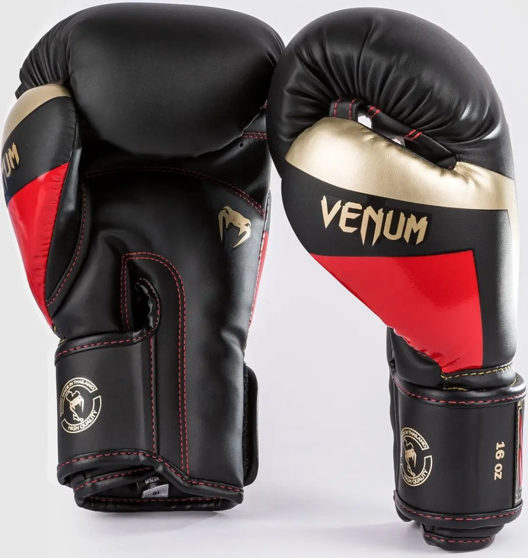 Venum Elite Kick Bokshandschoenen 12 oz - Zwart/Goud/Rood
