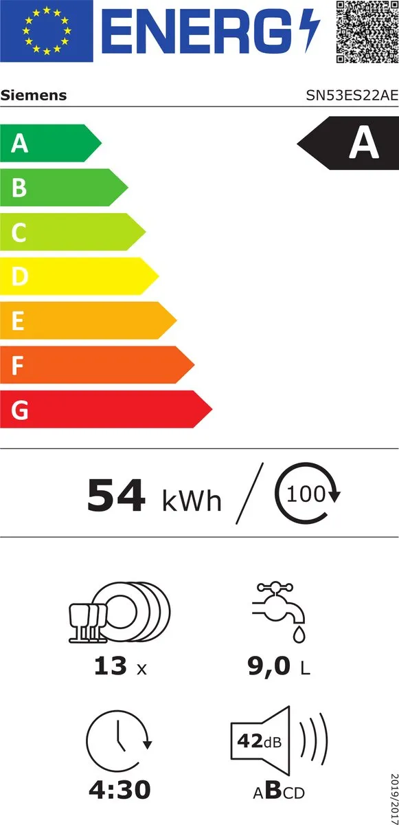 Siemens SN53ES22AE - iQ300 -Vaatwaaser- Semi-geïntegreerde vaatwasser - 60 cm - Energielabel A - varioSpeed ​​Plus: Tot drie keer sneller afwassen droog - Home Connect