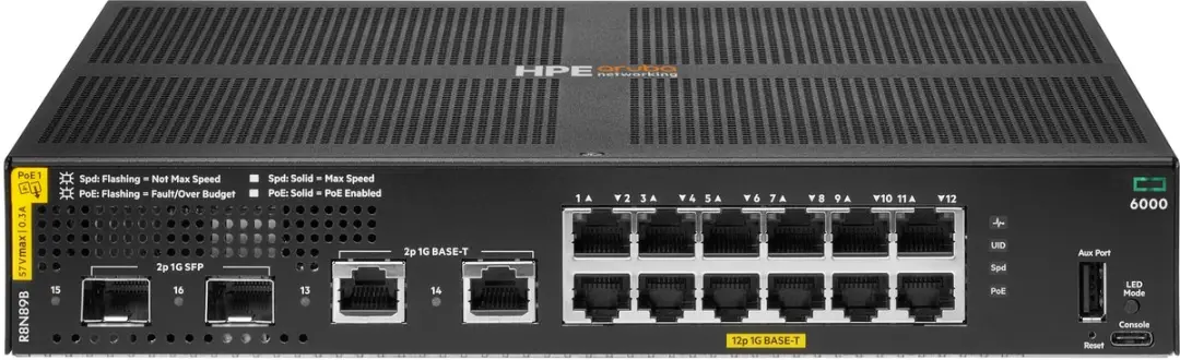 HPE Aruba CX 6000 R8N89B Switch - 12x PoE 1G - 2x SFP 1G - 139W