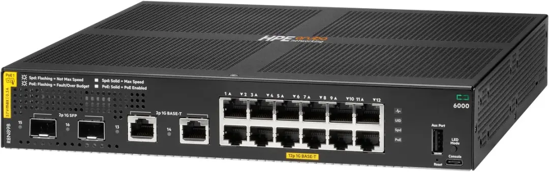HPE Aruba CX 6000 R8N89B Switch - 12x PoE 1G - 2x SFP 1G - 139W