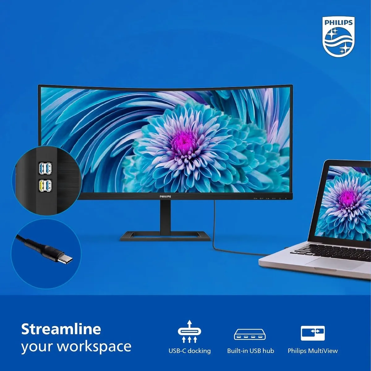 Philips 346E2CUAE - QHD Curved Ultrawide Monitor - USB-C 65w - EPEAT & TCO - 34 Inch