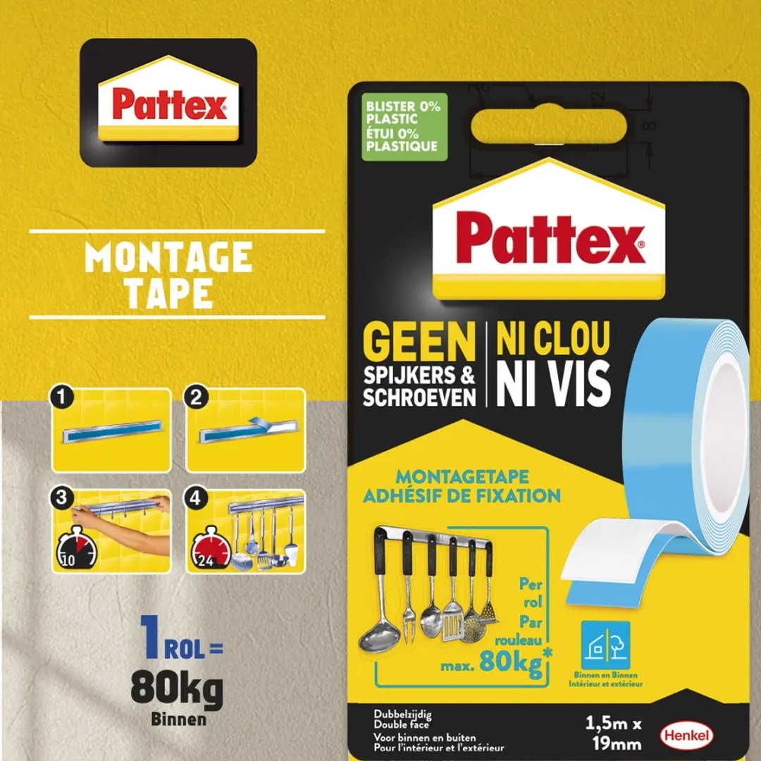 Pattex Montagetape Dubbelzijdig 80kg - 1.5m Wit