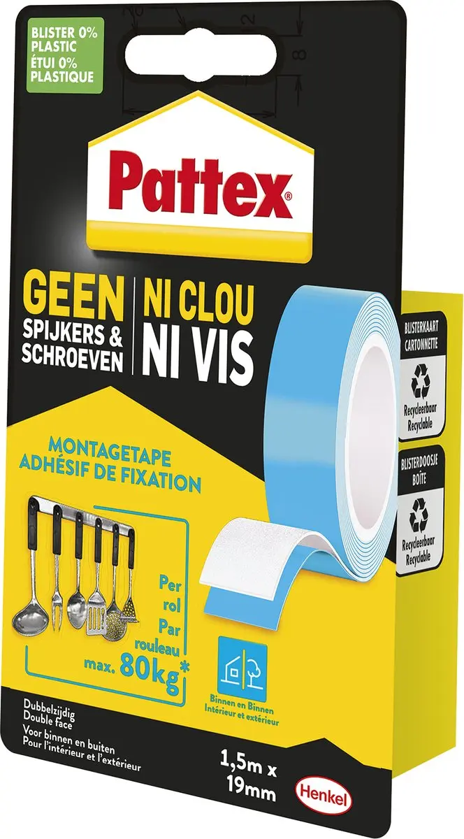 Pattex Montagetape Dubbelzijdig 80kg - 1.5m Wit