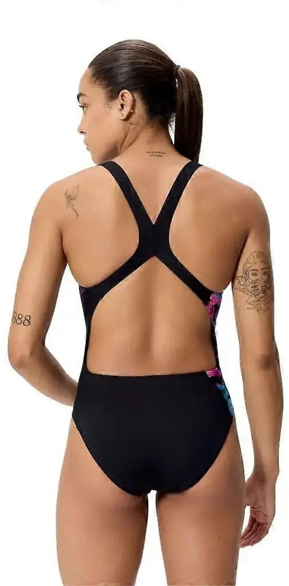 Speedo Dames Badpak Powerback Placement Print - 38 - Zwart/Blauw
