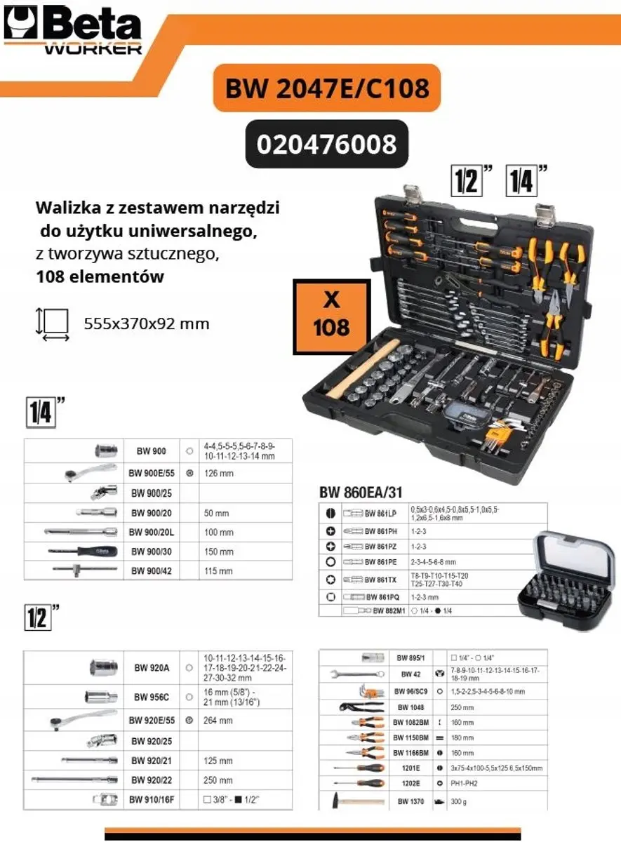 Beta Worker 108-delige Doppenset 1/2" & 1/4"
