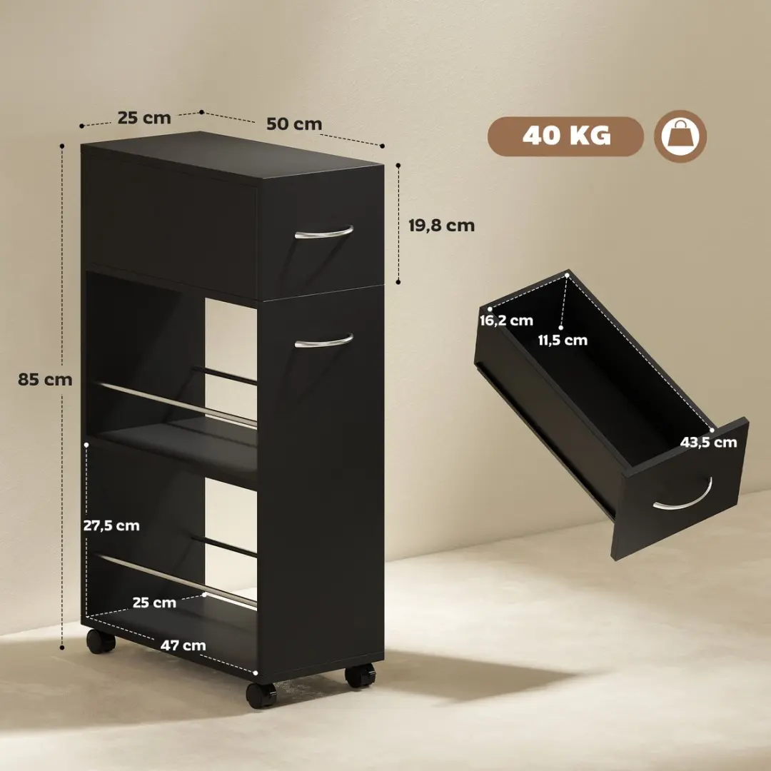 Homcom Keukenwagen 801-240V00BK - 25x50x85cm - Zwart