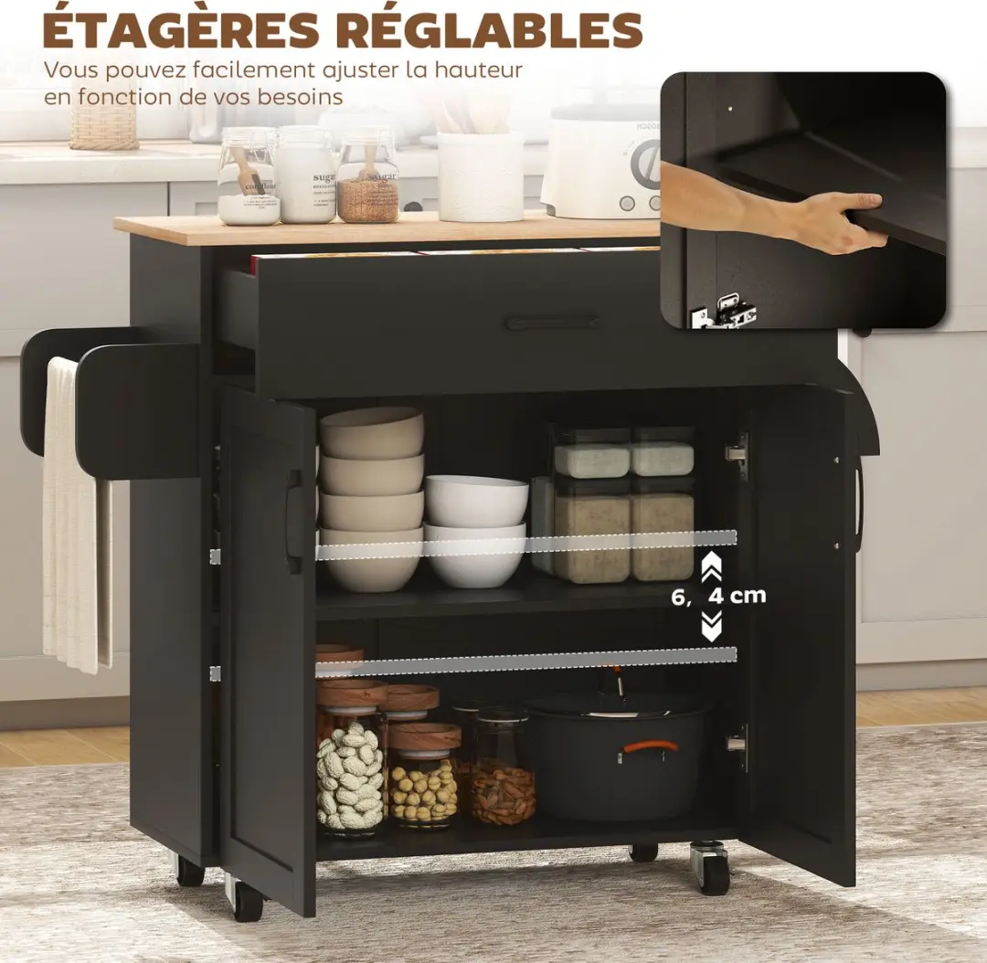 Homcom Keukenwagen 801-243V00BK - 105x36x85cm - Zwart