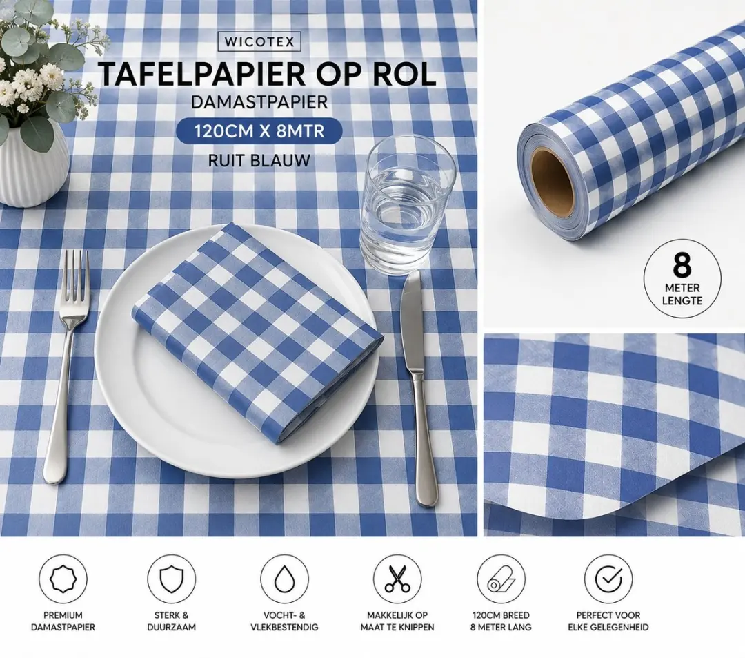Wicotex Tafelpapier Damast Ruit Blauw 120cm x 8m