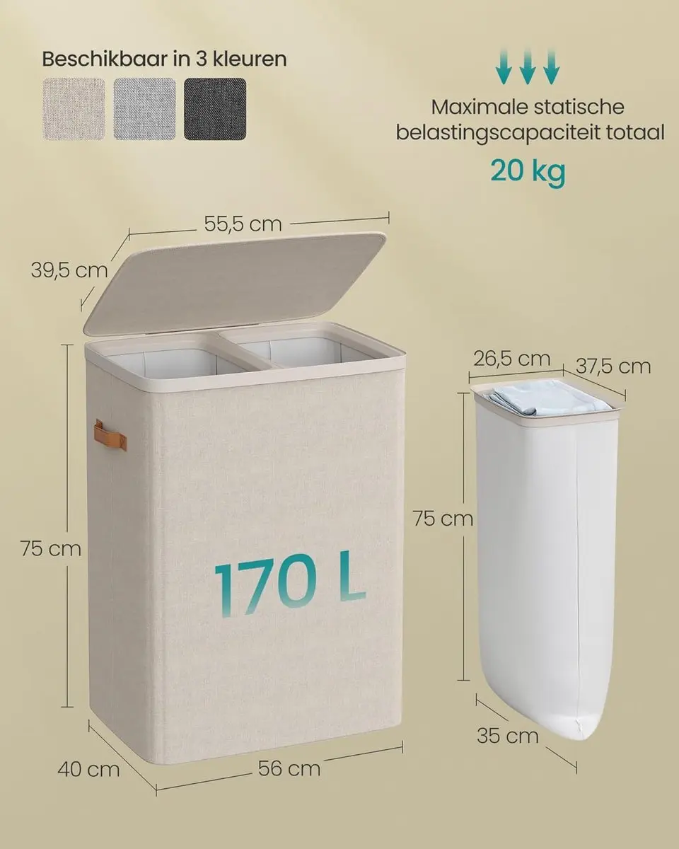 Songmics Wasmand LCB813L01 170L - 2 Compartimenten - Cappuccino Beige