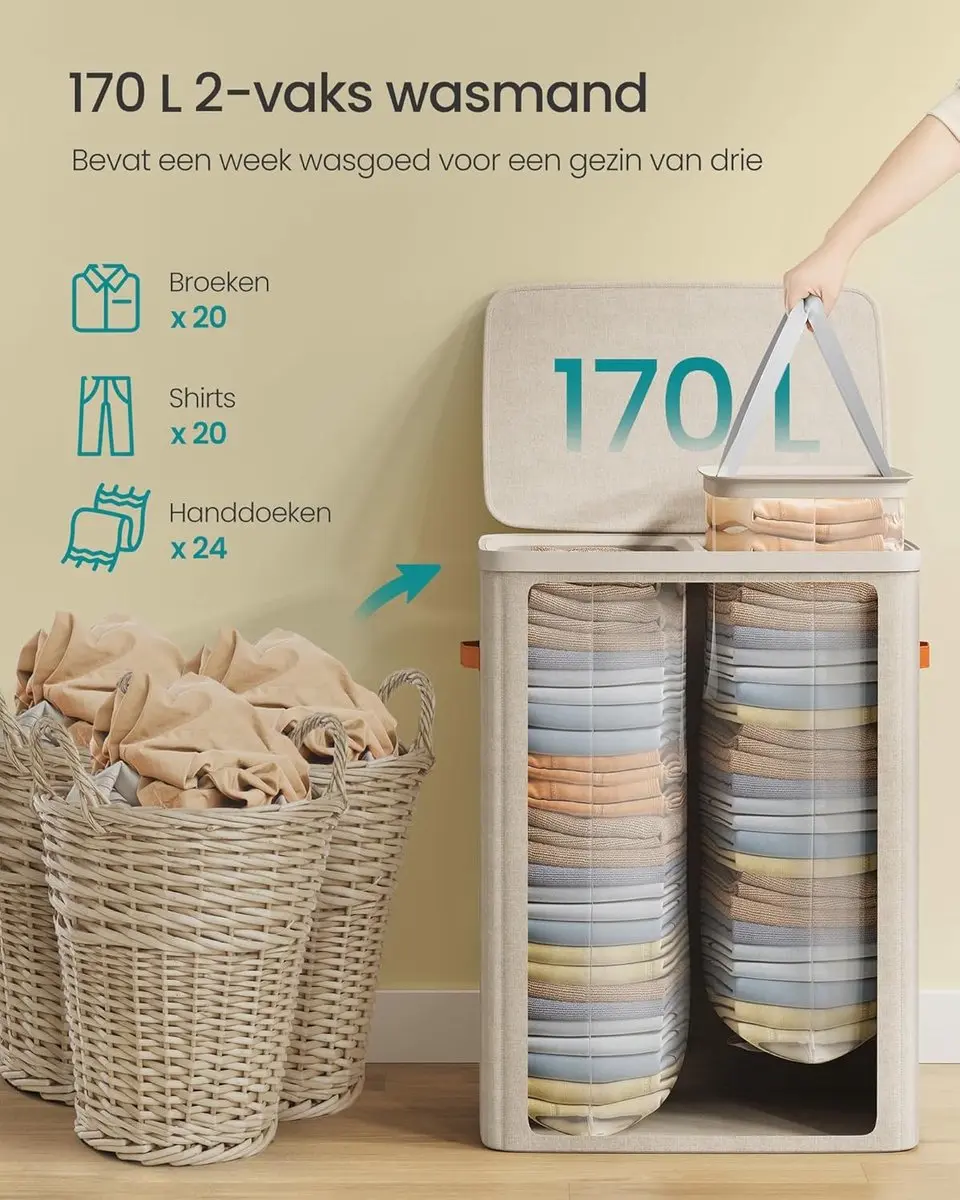 Songmics Wasmand LCB813L01 170L - 2 Compartimenten - Cappuccino Beige - afbeelding 6 van 6