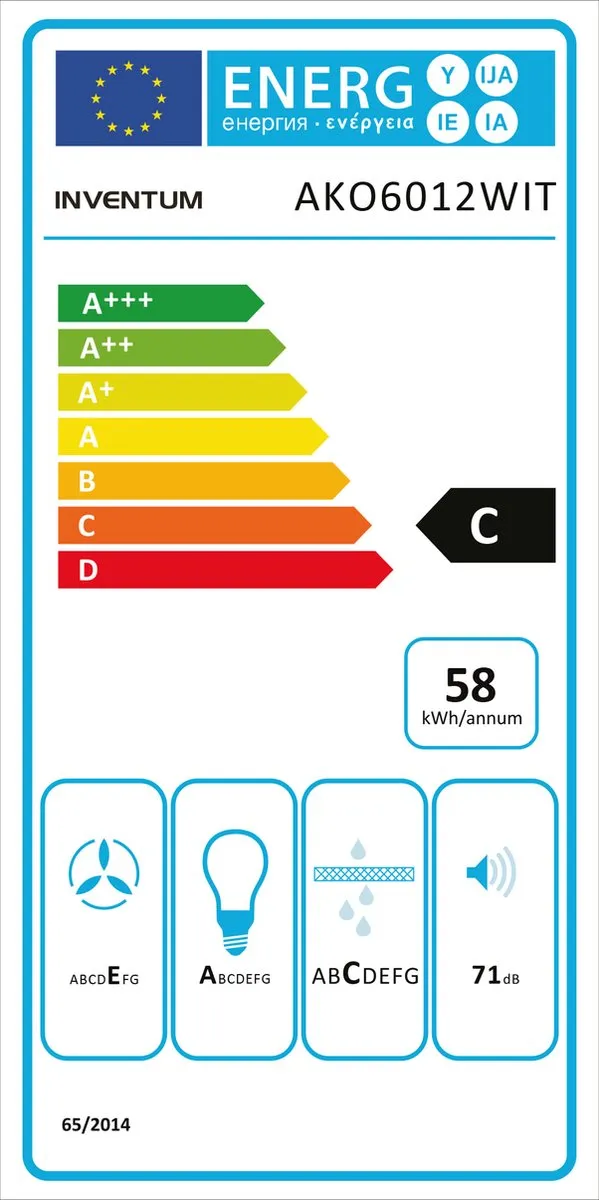 Inventum AKO6012WIT onderbouw afzuigkap 60 cm - Afzuigcapaciteit 326,4 m3/h - Geschikt voor grote keuken - 3 standen - Ledverlichting - Luchtafvoer en recirculatie - Wit