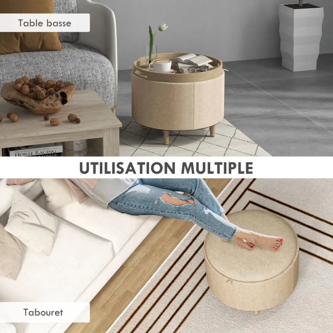 Homcom Opbergpoef 56x56x42cm - Beige - afbeelding 6 van 6