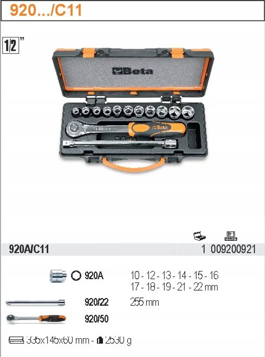 Beta 12-hoekige Doppenset 1/2" - 13-delig