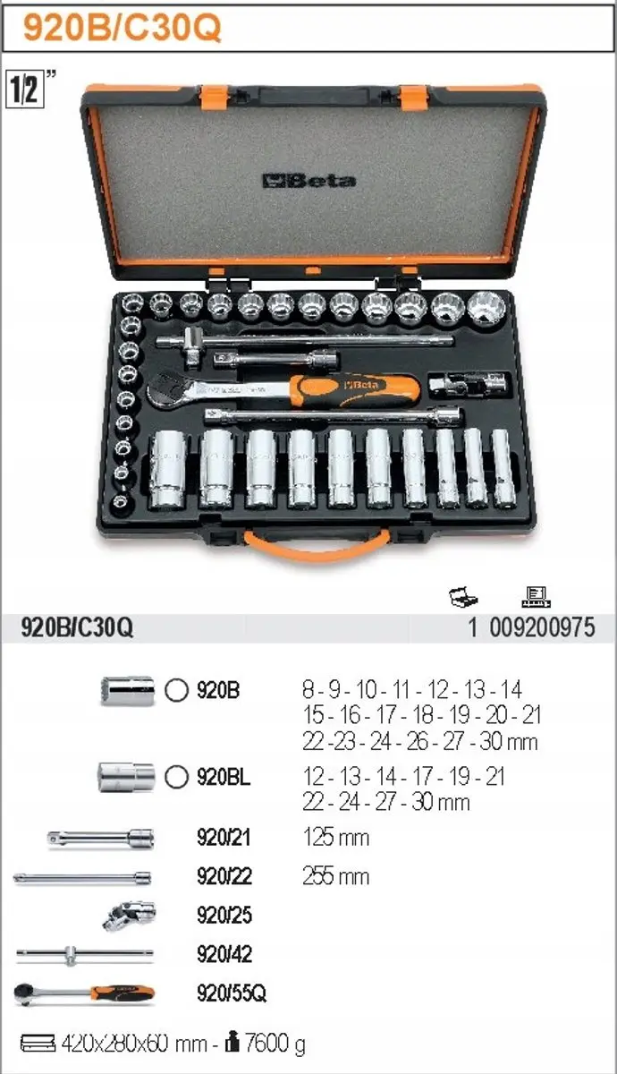 Beta 1/2" Dopsleutelset 35-delig 8-32mm - 12-hoek - Metaal