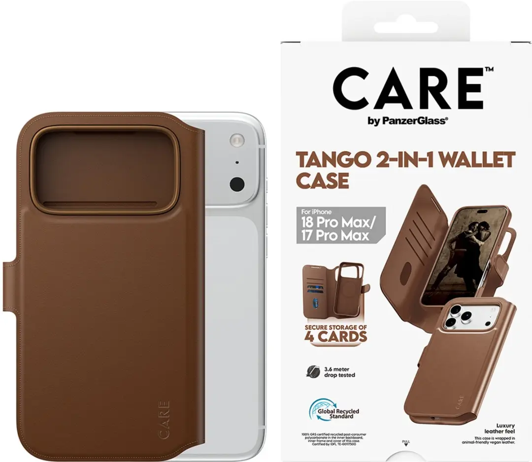 Apple CARE Tango 2in1 Brown Wallet Case iPhone 18 Pro Max - MagSafe - Transparant