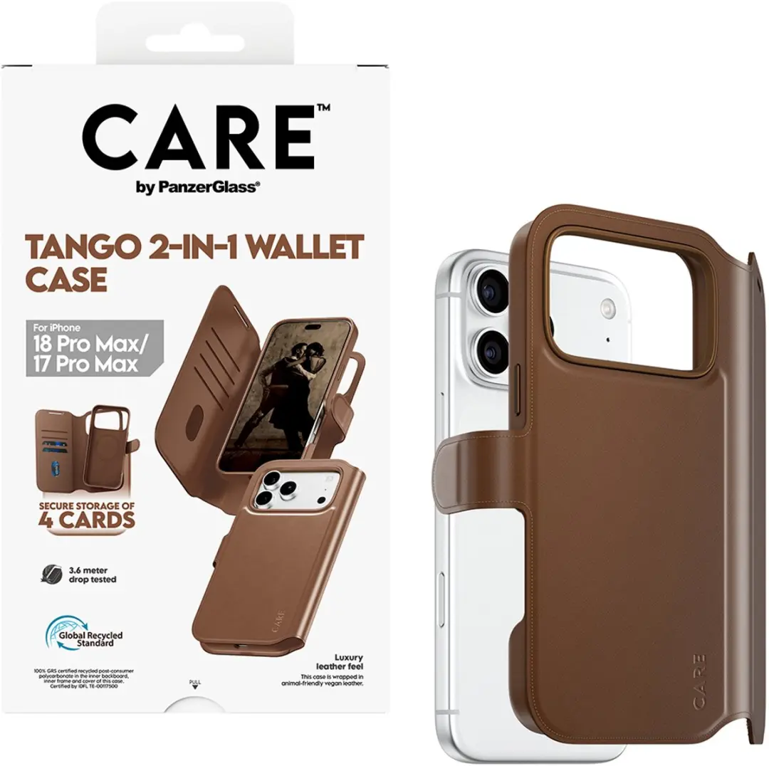 Apple CARE Tango 2in1 Brown Wallet Case iPhone 18 Pro Max - MagSafe - Transparant