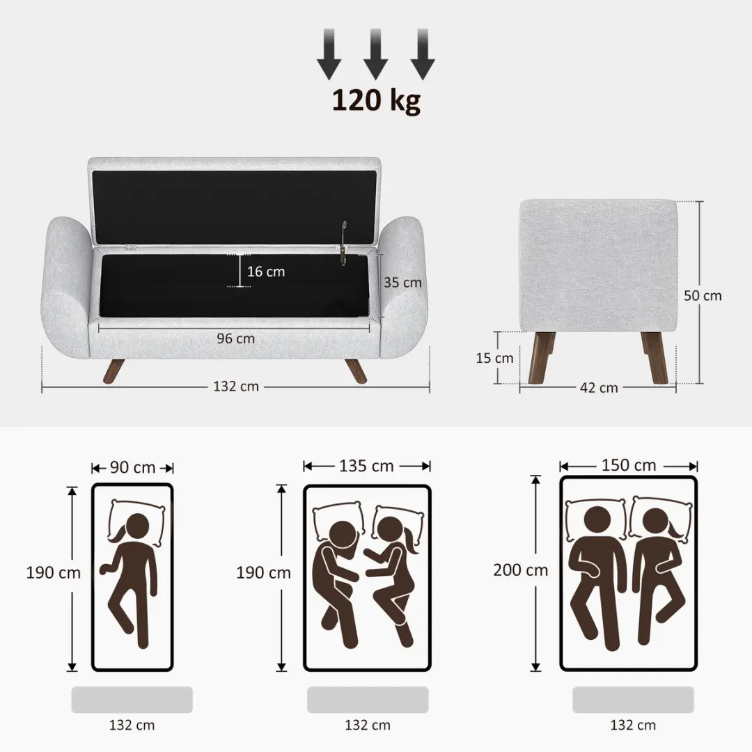 Homcom Opbergottoman 132x42x50cm - 53L - Lichtgrijs