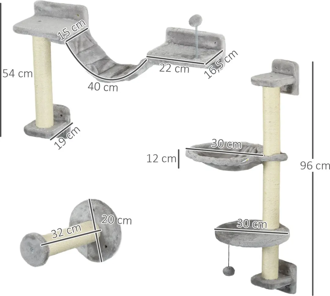 Pawhut Hangende Kattenplankset - 84,5 x 19 x 54cm - Grijs