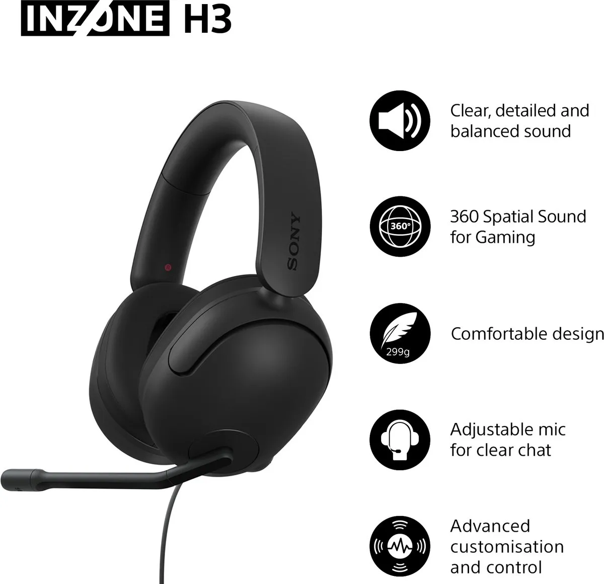 Sony INZONE H3 MDRG300B Gaming Headset - 40mm - Zwart