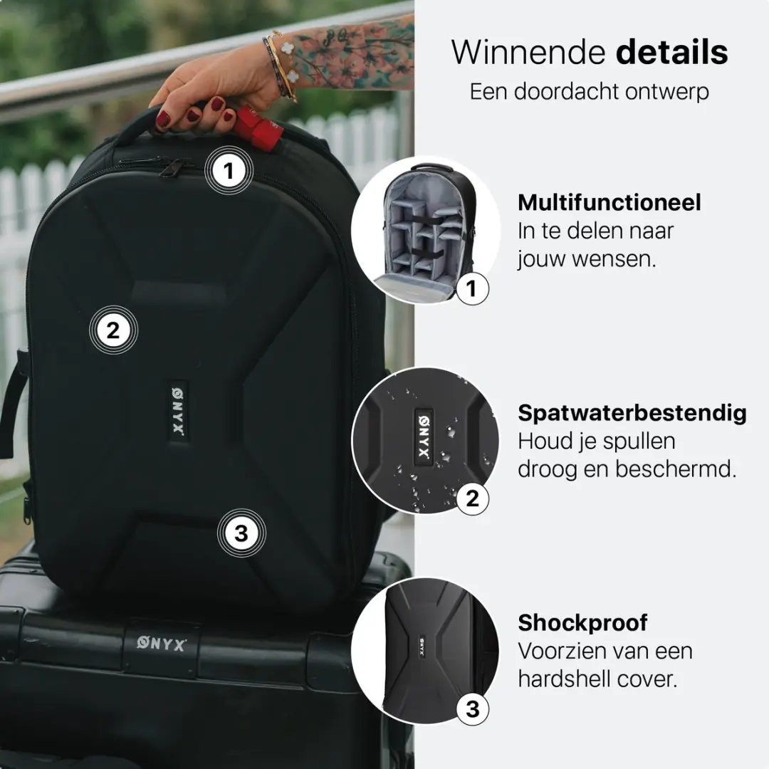 ONYX Cameratas Spiegelreflexrugzak XL - 16 inch Laptop - 5 Lenzen - Zwart - afbeelding 2 van 6
