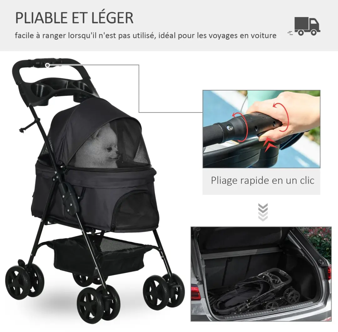 Pawhut Huisdierenkinderwagen - 67x45x96cm - Zwart