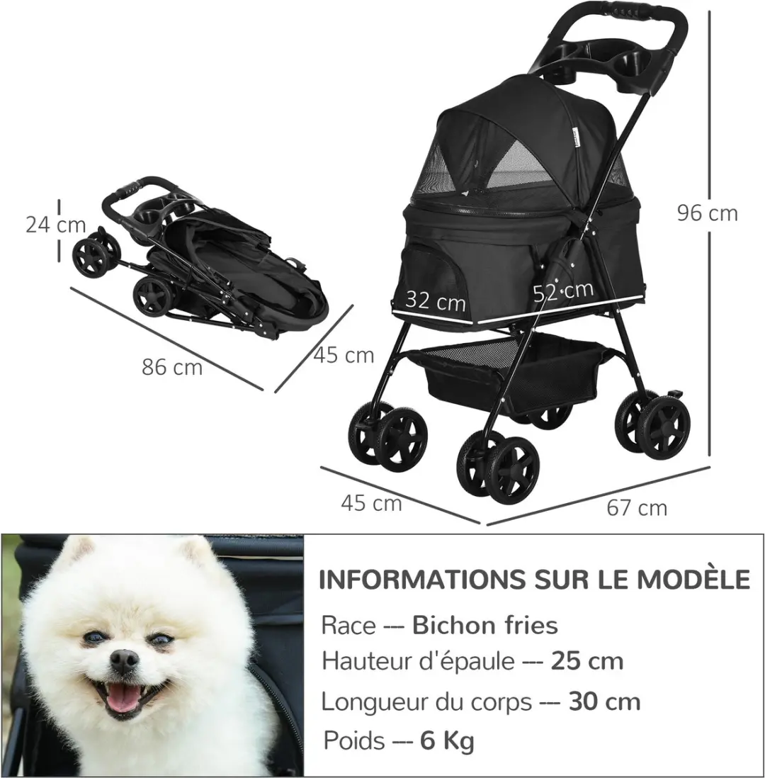 Pawhut Huisdierenkinderwagen - 67x45x96cm - Zwart