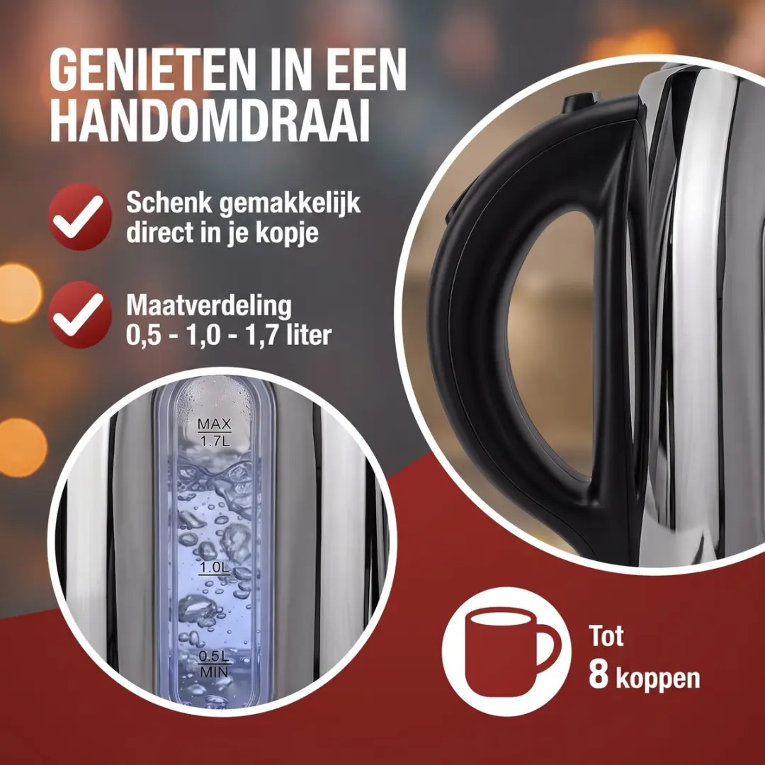 Monzana Cook O' Fino Waterkoker 1,7L - 2200W - Zilver