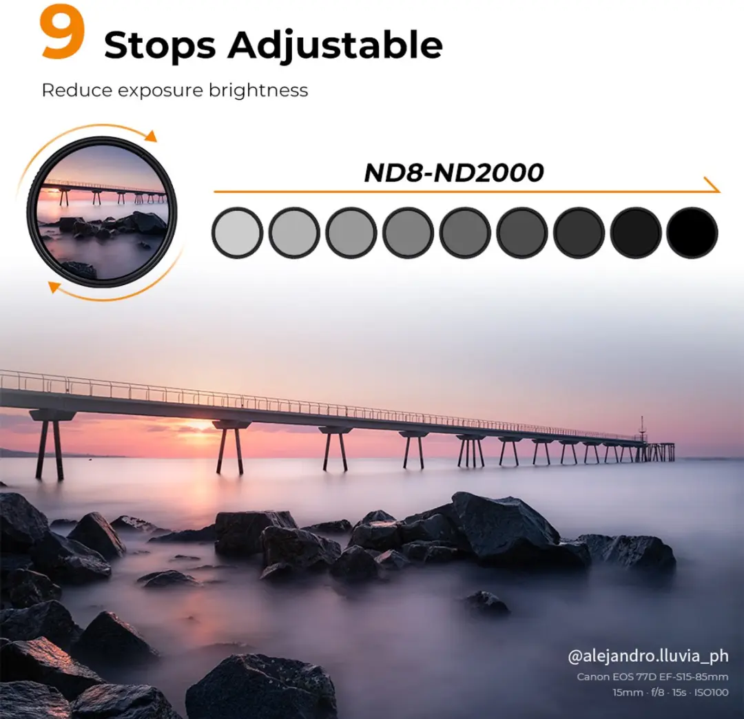 K&F Concept 62mm Variabel ND8-2000 Grijsfilter MC - 3-11 Stops - Zwart