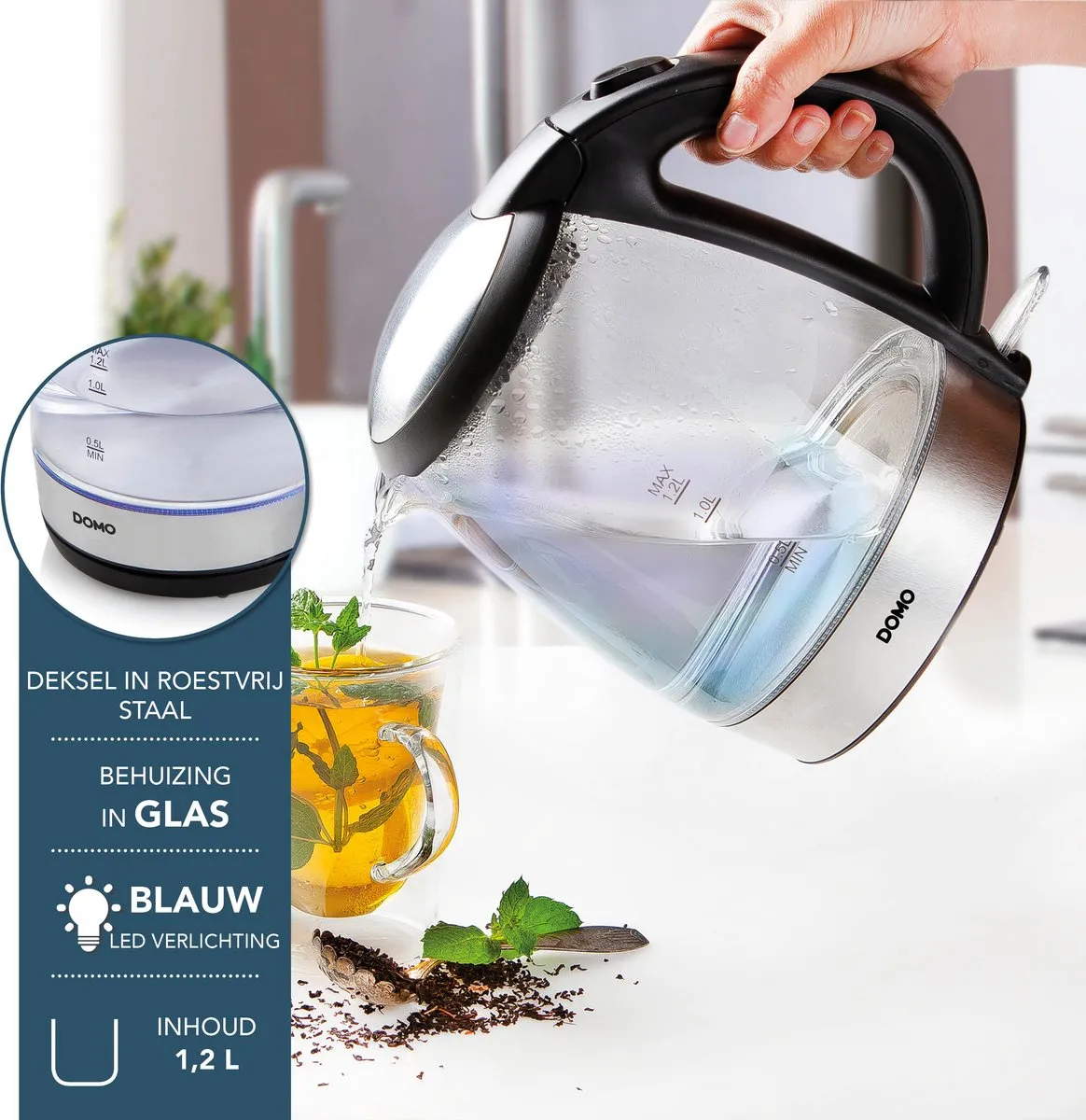 Domo DO9218WK Waterkoker 1,2L - Glas - Zwart/Zilver