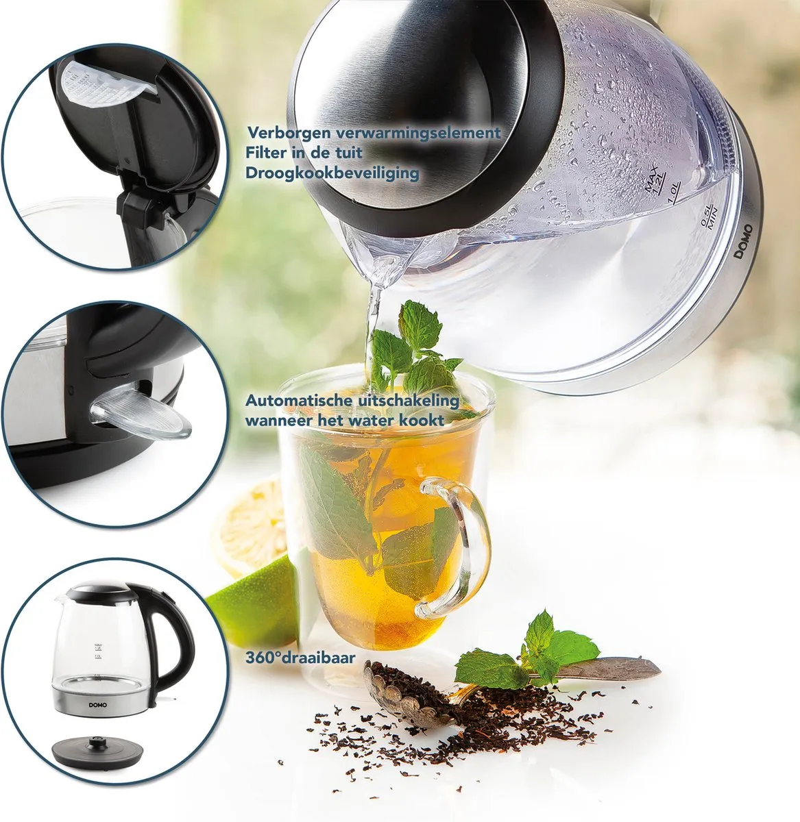 Domo DO9218WK Waterkoker 1,2L - Glas - Zwart/Zilver