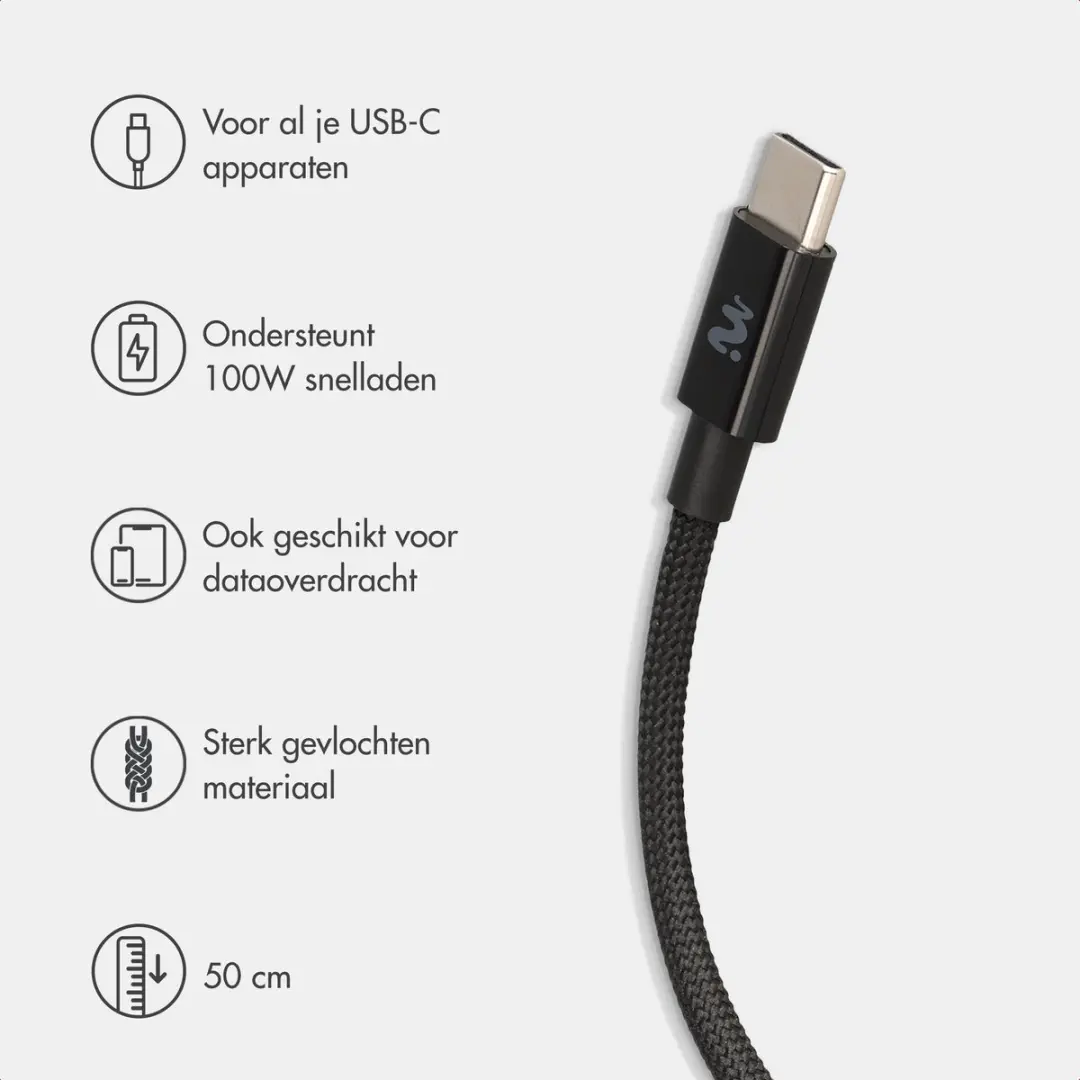 Imoshion Braided USB-C naar USB-C Kabel 100W 0,5m - Zwart