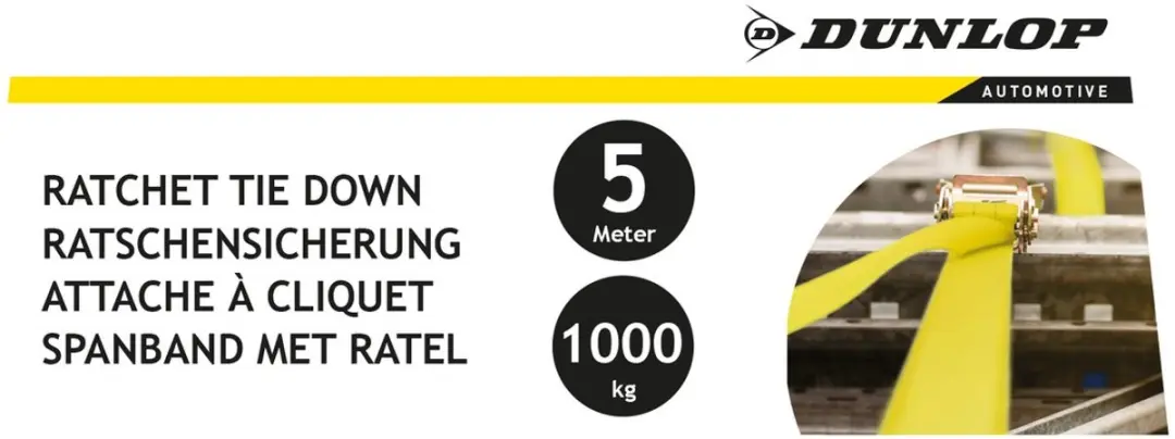 Dunlop Spanband met Ratel - Haak - 5 M - tot 1000 KG - Geel