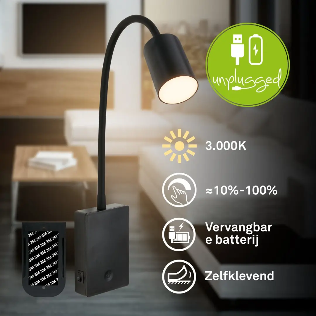 Briloner Smooth Wandlamp Oplaadbaar - 36 uur - USB-C - Zwart