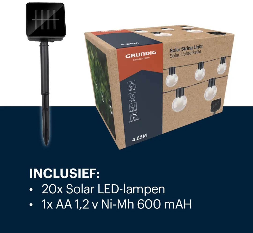 Grundig Solar Lichtsnoer 4,85m - LED Tuinverlichting Warm Wit