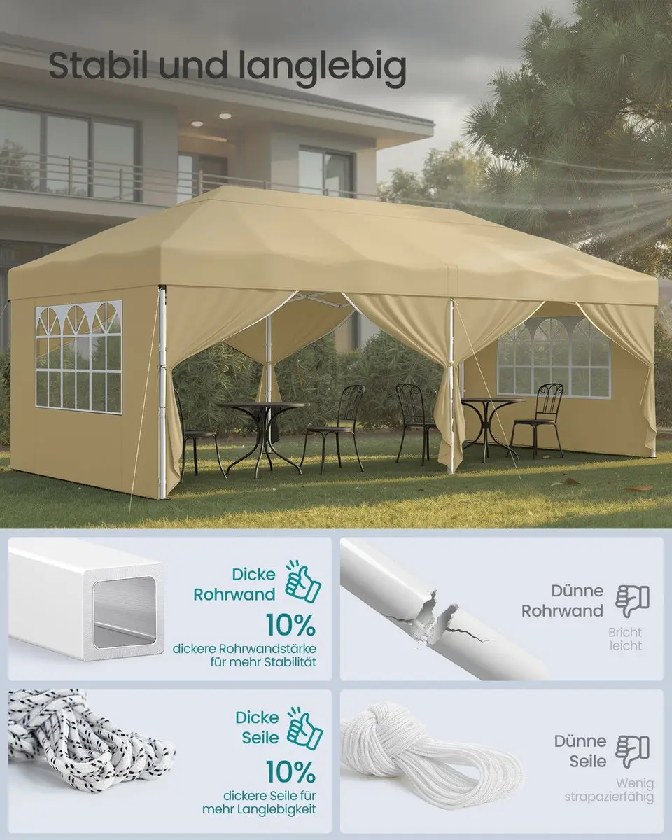 Songmics Opklapbaar Paviljoen 3x6m - PE & Staal - 4 Zijkanten - Beige - afbeelding 3 van 6