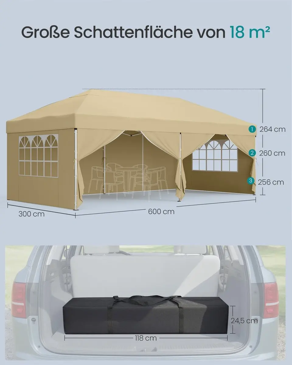 Songmics Opklapbaar Paviljoen 3x6m - PE & Staal - 4 Zijkanten - Beige - afbeelding 5 van 6