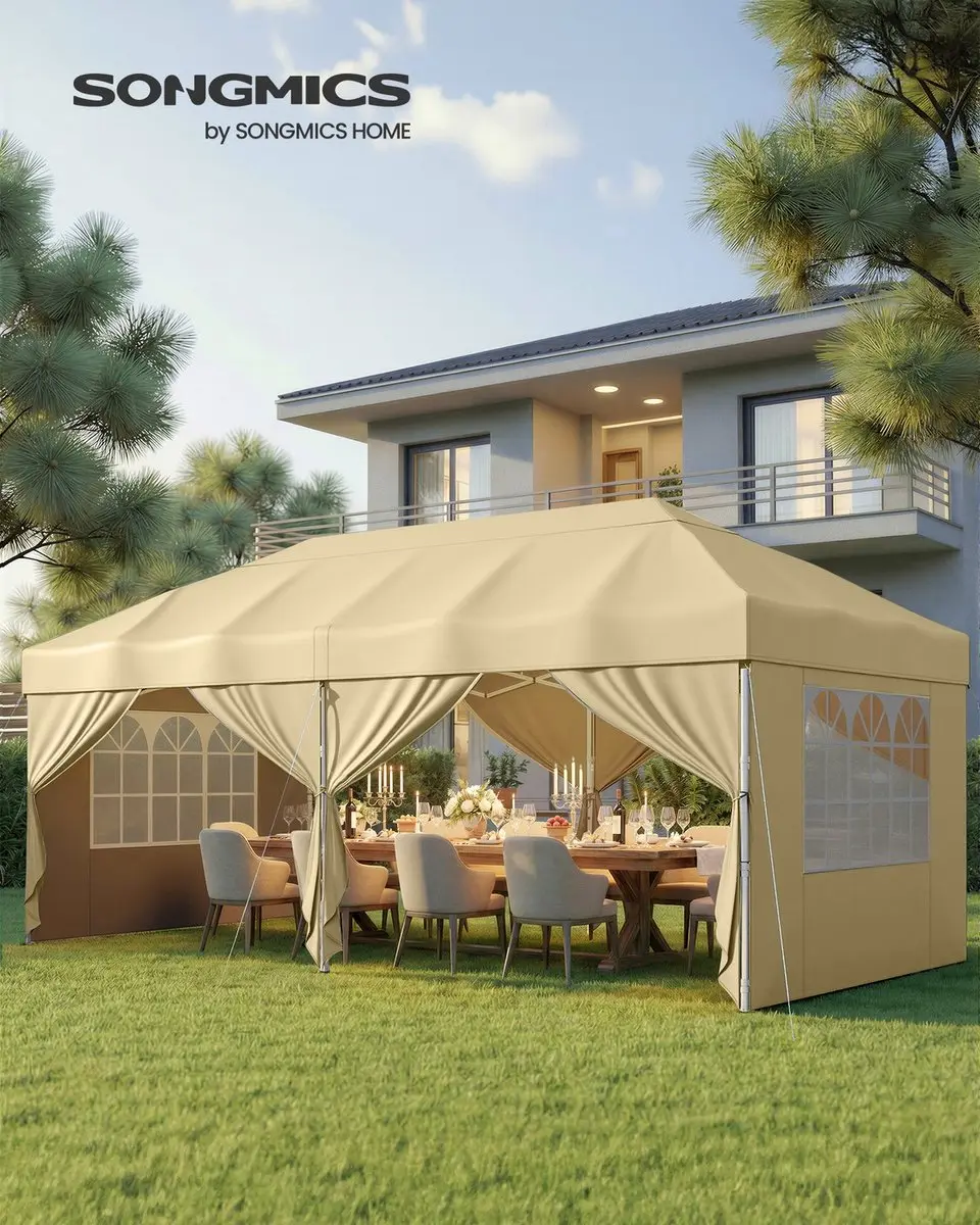 Songmics Opklapbaar Paviljoen 3x6m - PE & Staal - 4 Zijkanten - Beige - afbeelding 2 van 6