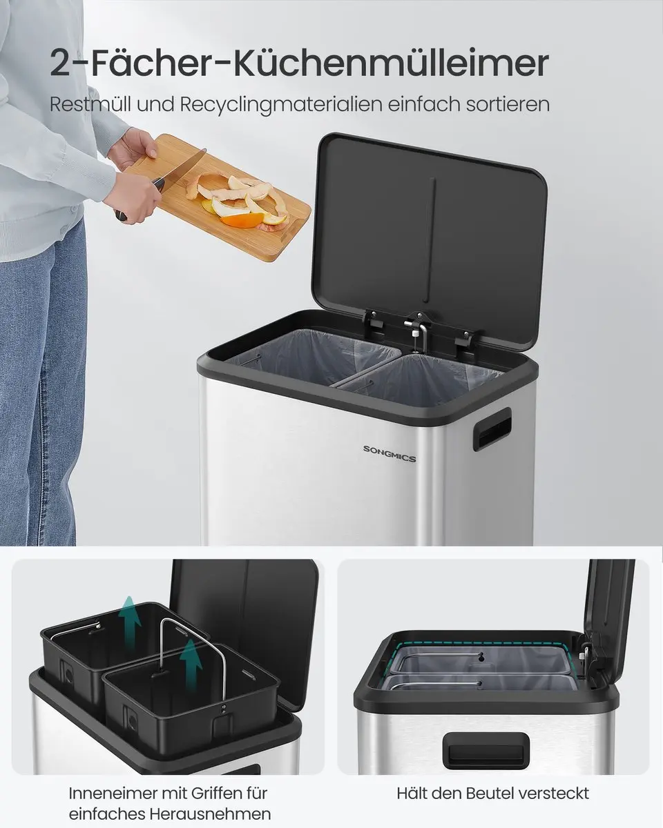 Songmics Keukenprullenbak 30L - 2 Vakken - Metallic Zilver - afbeelding 4 van 6