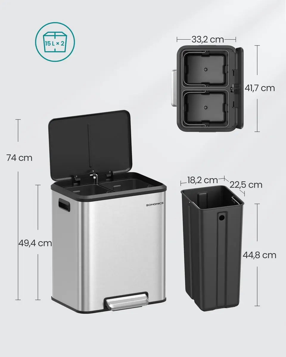 Songmics Keukenprullenbak 30L - 2 Vakken - Metallic Zilver - afbeelding 6 van 6