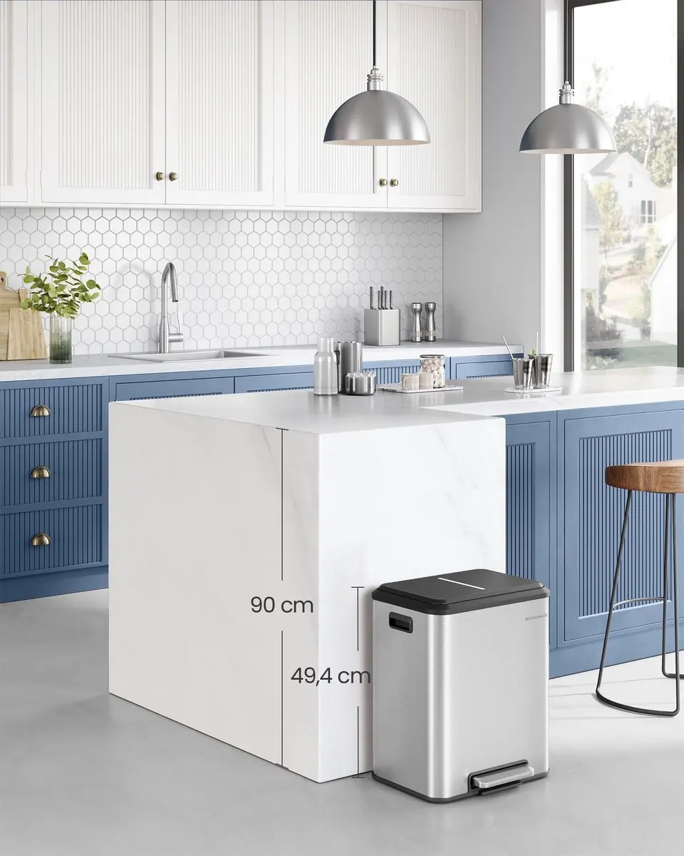Songmics Keukenprullenbak 30L - 2 Vakken - Metallic Zilver - afbeelding 2 van 6