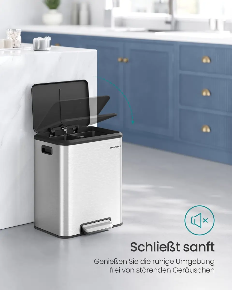 Songmics Keukenprullenbak 30L - 2 Vakken - Metallic Zilver - afbeelding 3 van 6