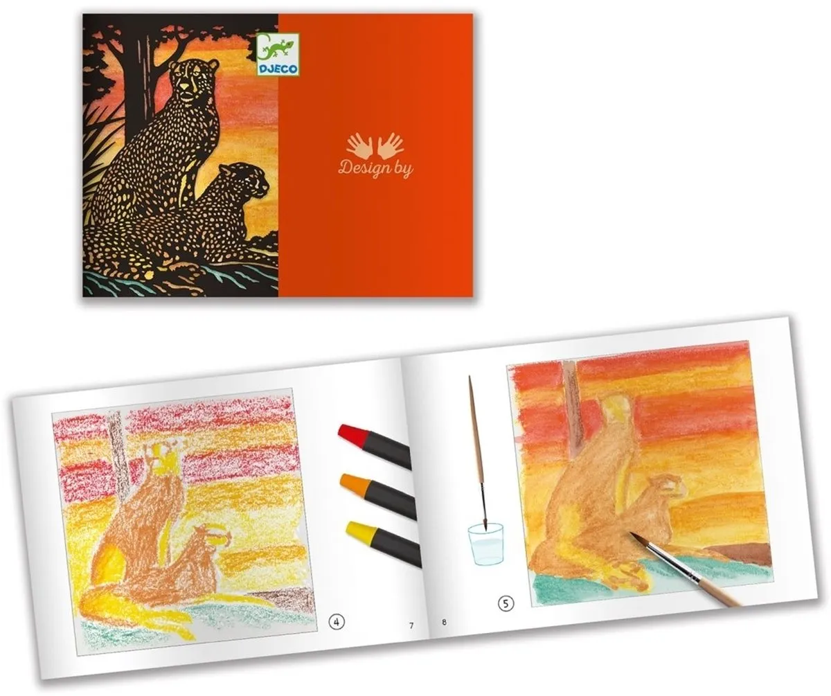 Djeco Aquarel Workshop Jungledieren - 4 Kaarten & 12 Waskrijtjes