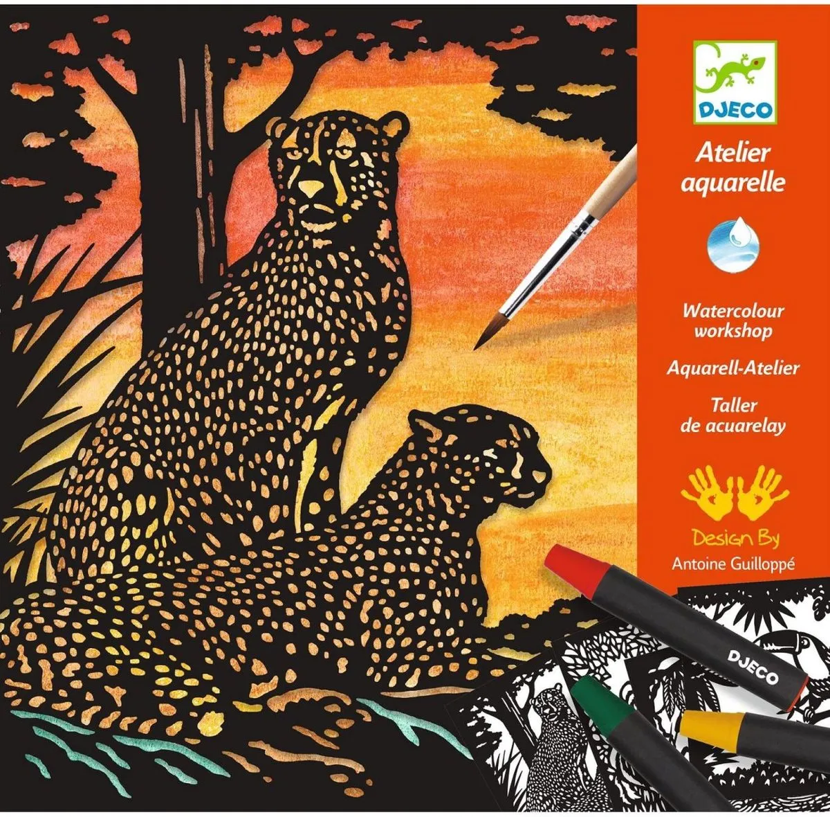 Djeco Aquarel Workshop Jungledieren - 4 Kaarten & 12 Waskrijtjes